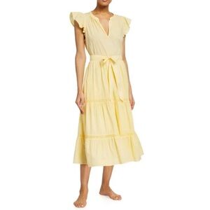 Magaschoni Flutter Sleeve Tiered Lemon Yellow Gauze Crochet Lace Midi Dress XS
